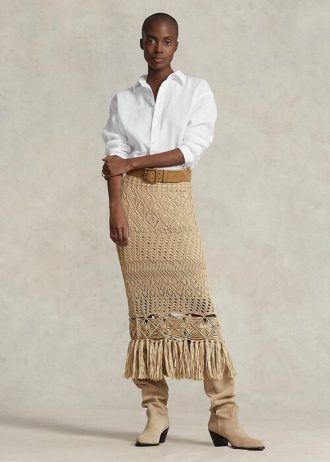 Beige Women’s Ralph Lauren Pointelle-knit Macrame Fringe Skirts