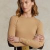 Beige Women’s Ralph Lauren Ribbed Suede-Trim Long-Sleeve T Shirts