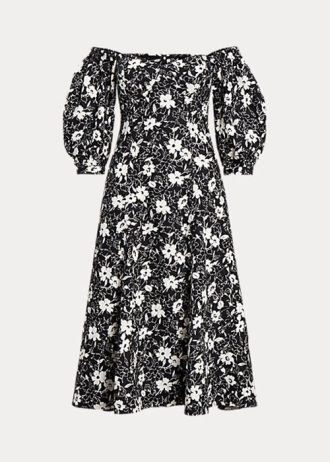 Black / Cream Women’s Ralph Lauren Floral Off-the-Shoulder Linen Dress