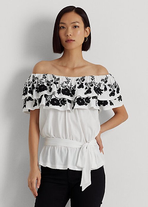 Black / White Women’s Ralph Lauren Embroidered Jersey Off-the-Shoulder Tops Black / White Women’s Ralph Lauren Embroidered Jersey Off-the-Shoulder Tops