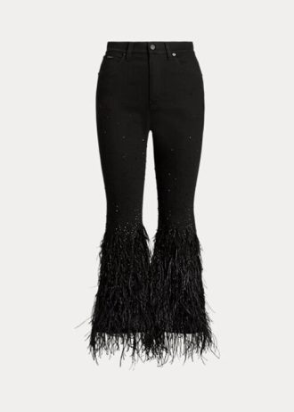 Black Women’s Ralph Lauren Beaded Feather-Trim High-Rise Flare Jeans