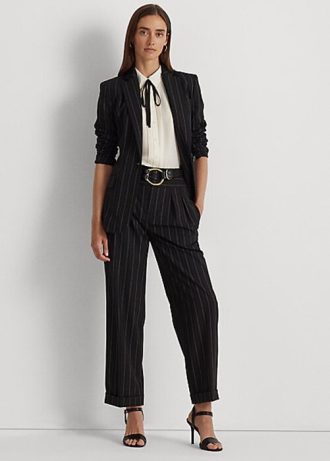 Black Women’s Ralph Lauren Pinstripe Wool Crepe Wide-Leg Pants