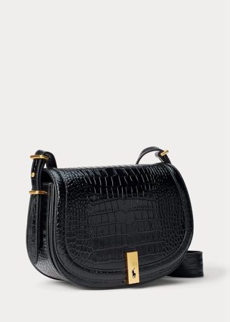 Black Women’s Ralph Lauren Polo ID Croc-Embossed Saddle Bags