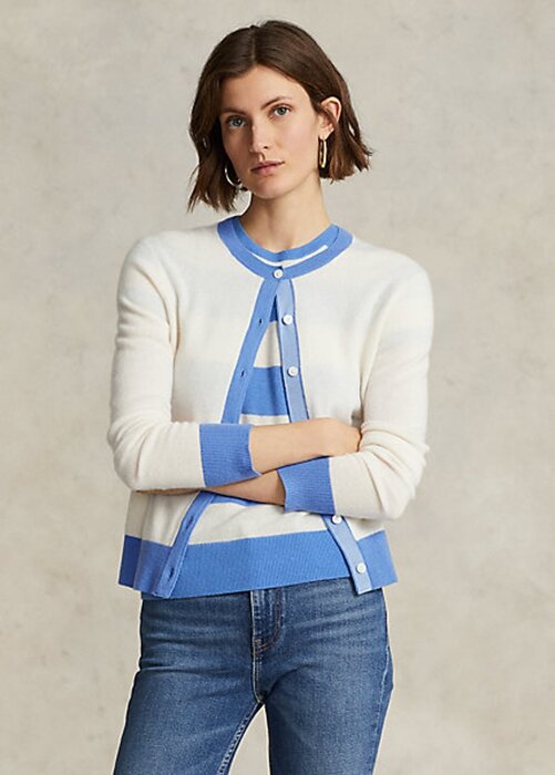 Blue / Cream Women’s Ralph Lauren Crest Cashmere Cardigan Sweaters Blue / Cream Women’s Ralph Lauren Crest Cashmere Cardigan Sweaters