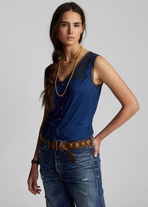 Blue Women’s Ralph Lauren Indigo Crochet-trim Camisole Tops Blue Women’s Ralph Lauren Indigo Crochet-trim Camisole Tops