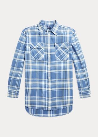 Blue Women’s Ralph Lauren Plaid Cotton Twill High-Low Shirts