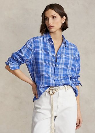 Blue Women’s Ralph Lauren Relaxed Fit Plaid Linen Shirts