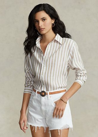Brown / White Women’s Ralph Lauren Relaxed Fit Striped Linen Shirts