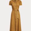 Brown Women’s Ralph Lauren Belted Linen Short-Sleevedress Dress