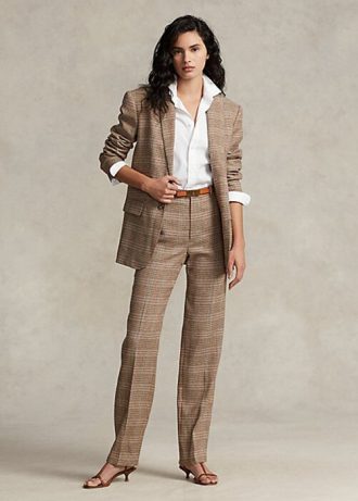 Brown Women’s Ralph Lauren Plaid Wool-Linen Tweed Straight-Leg Pants