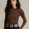 Brown Women’s Ralph Lauren Ribbed Suede-Trim Long-Sleeve T Shirts Brown Women’s Ralph Lauren Ribbed Suede-Trim Long-Sleeve T Shirts