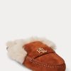 Brown Women’s Ralph Lauren Savanah Faux Fur-Trim Suede Flat Shoes