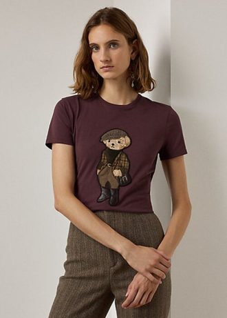 Burgundy Women’s Ralph Lauren Tweed Polo Bear Cotton T Shirts