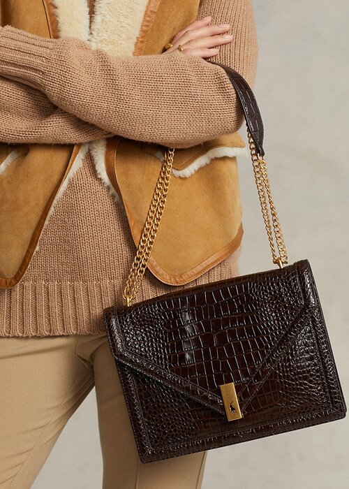 Chocolate Women’s Ralph Lauren Polo ID Croc-Embossed Envelope Chain Handbag Chocolate Women’s Ralph Lauren Polo ID Croc-Embossed Envelope Chain Handbag
