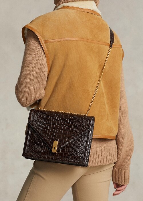 Chocolate Women’s Ralph Lauren Polo ID Croc-Embossed Envelope Chain Handbag Chocolate Women’s Ralph Lauren Polo ID Croc-Embossed Envelope Chain Handbag
