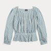 Cream / Blue Women’s Ralph Lauren Gingham Voile Peplum Blouse Shirts