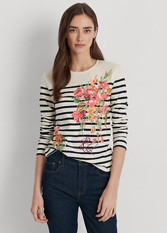 Cream / Navy Women’s Ralph Lauren Floral & Striped Jersey Long-Sleeve T Shirts