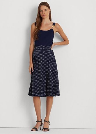 Cream / Navy Women’s Ralph Lauren Polka-Dot Pleated Crepe Skirts
