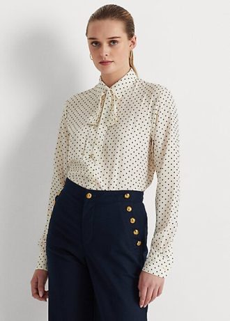 Cream / Navy Women’s Ralph Lauren Polka-Dot Tie-Neck Crepe Shirts
