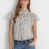 Cream / Navy Women’s Ralph Lauren Striped Ruffle-Trim Chiffon Blouse Shirts