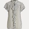 Cream / Navy Women’s Ralph Lauren Striped Ruffle-Trim Chiffon Blouse Shirts