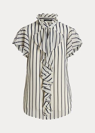 Cream / Navy Women’s Ralph Lauren Striped Ruffle-Trim Chiffon Blouse Shirts