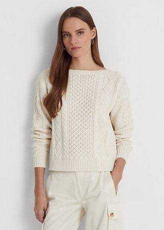 Cream Women’s Ralph Lauren Aran-Knit Cotton Boatneck Sweaters
