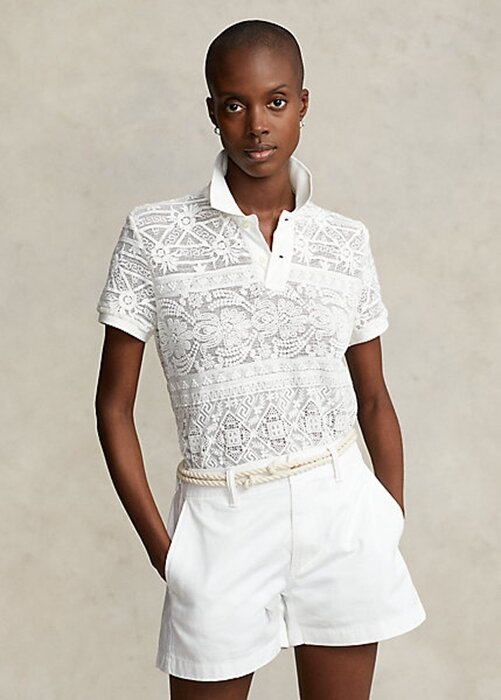 Cream Women’s Ralph Lauren Geometric-Lace Polo Shirts Cream Women’s Ralph Lauren Geometric-Lace Polo Shirts