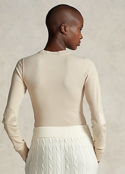 Cream Women’s Ralph Lauren Ribbed Suede-Trim Long-Sleeve T Shirts Cream Women’s Ralph Lauren Ribbed Suede-Trim Long-Sleeve T Shirts