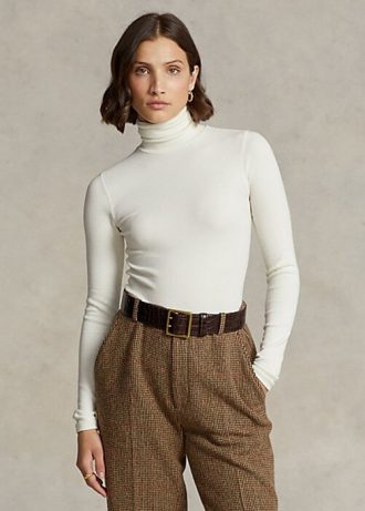 Cream Women’s Ralph Lauren Stretch Ribbed Turtleneck T Shirts