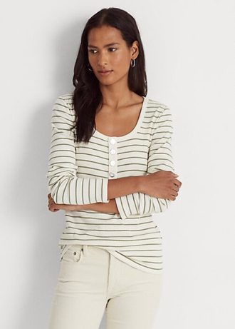 Cream Women’s Ralph Lauren Striped Cotton-Blend Henley Tops