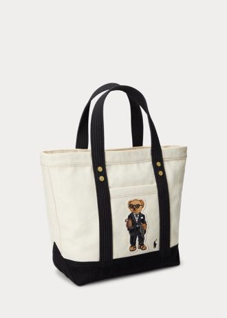 Ecru/Black Women’s Ralph Lauren Canvas Small Polo Bear Tote Bags