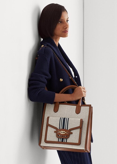 Lauren Tan/Navy Women’s Ralph Lauren Canvas Large Symone Tote Bags Lauren Tan/Navy Women’s Ralph Lauren Canvas Large Symone Tote Bags