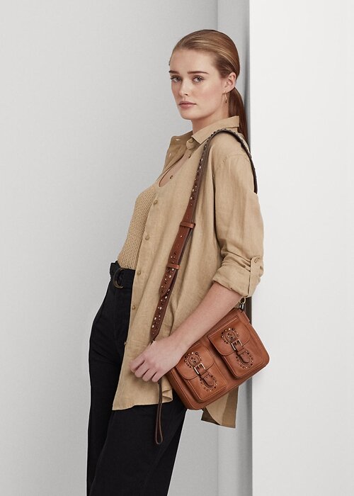 Lauren Tan Women’s Ralph Lauren Studded Leather Medium Noa Crossbody Bags Lauren Tan Women’s Ralph Lauren Studded Leather Medium Noa Crossbody Bags