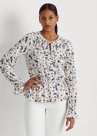 Multicolor Women’s Ralph Lauren Floral Jersey Tie-Neck Peplum Tops