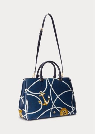 Nautical Rope Print Women’s Ralph Lauren Crosshatch Leather Large Hanna Satchel Bags