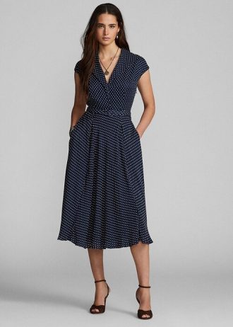 Navy / Cream Women’s Ralph Lauren Polka-Dot Silk Georgette Dress