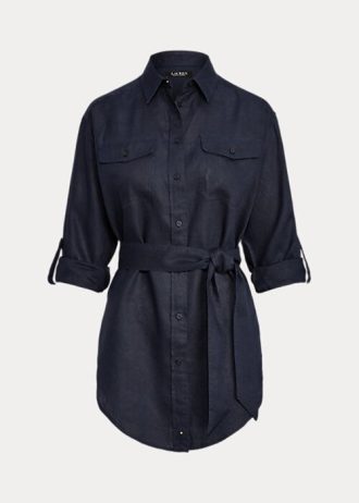 Navy Women’s Ralph Lauren Belted Linen   Shirts