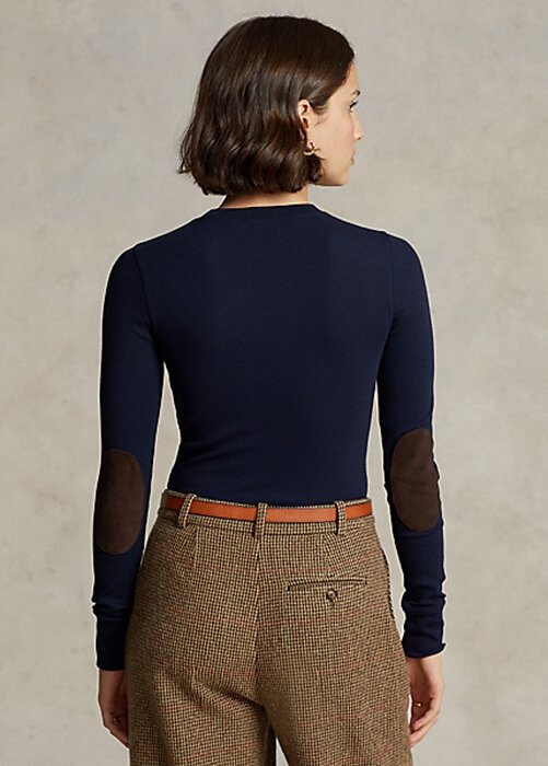 Navy Women’s Ralph Lauren Ribbed Suede-Trim Long-Sleeve T Shirts Navy Women’s Ralph Lauren Ribbed Suede-Trim Long-Sleeve T Shirts
