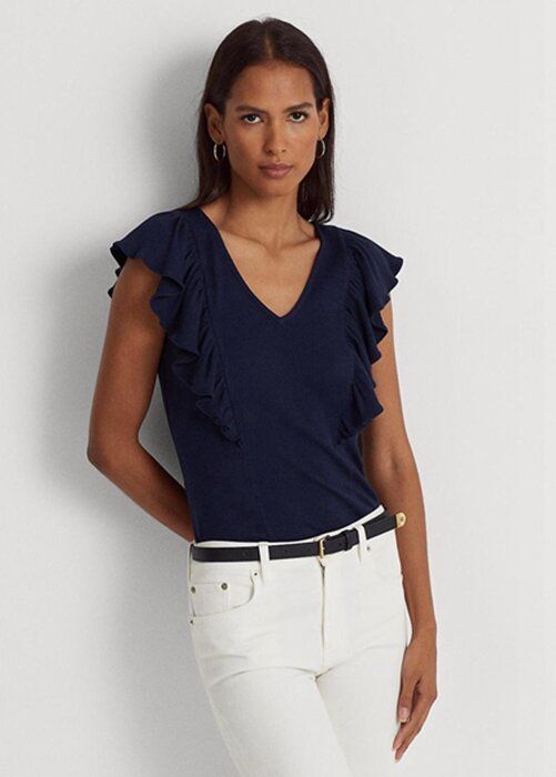 Navy Women’s Ralph Lauren Ruffle-trim Rib-knit T Shirts Navy Women’s Ralph Lauren Ruffle-trim Rib-knit T Shirts