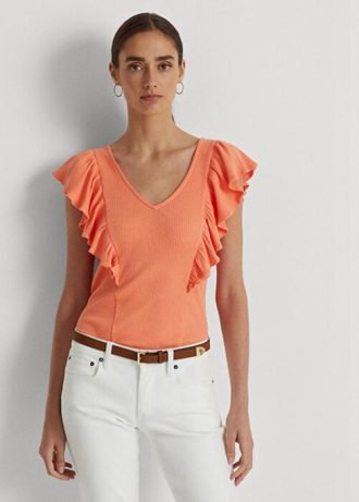 Orange Women’s Ralph Lauren Ruffle-trim Rib-knit   T Shirts