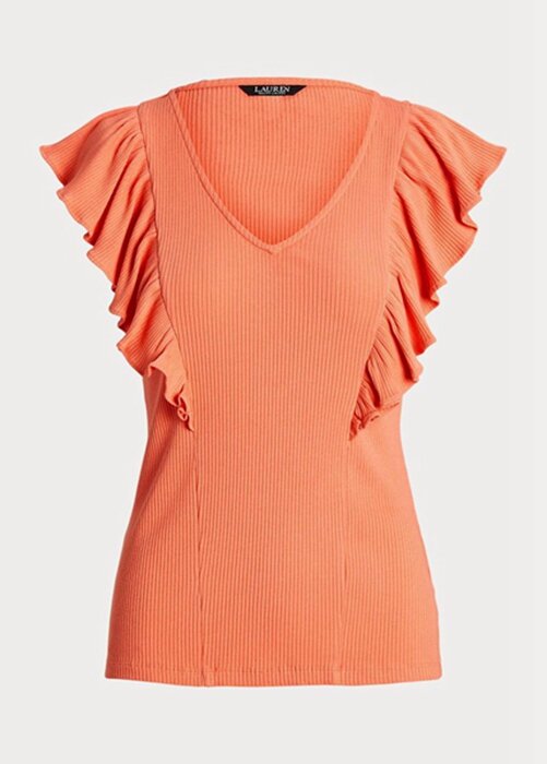 Orange Women’s Ralph Lauren Ruffle-trim Rib-knit T Shirts Orange Women’s Ralph Lauren Ruffle-trim Rib-knit T Shirts