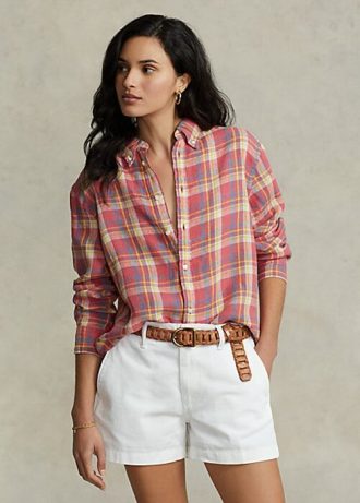 Pink Women’s Ralph Lauren Relaxed Fit Plaid Linen Shirts