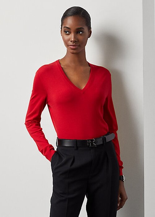 Red Women’s Ralph Lauren Wool Long-Sleeve V-Neck Sweaters Red Women’s Ralph Lauren Wool Long-Sleeve V-Neck Sweaters
