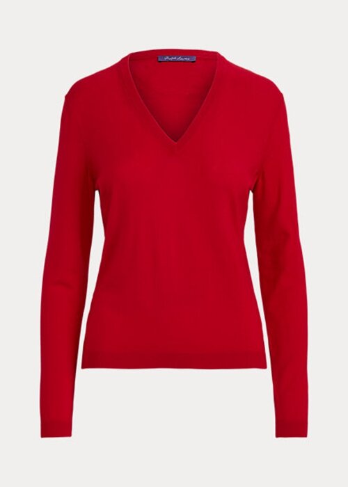 Red Women’s Ralph Lauren Wool Long-Sleeve V-Neck Sweaters Red Women’s Ralph Lauren Wool Long-Sleeve V-Neck Sweaters