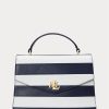 Refined Navy/White Stripe Women’s Ralph Lauren Striped Leather Medium Farrah Satchel Bags
