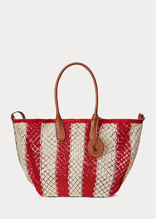 Ruby/Natural Women’s Ralph Lauren Striped Woven Large Bellport Tote Bags Ruby/Natural Women’s Ralph Lauren Striped Woven Large Bellport Tote Bags