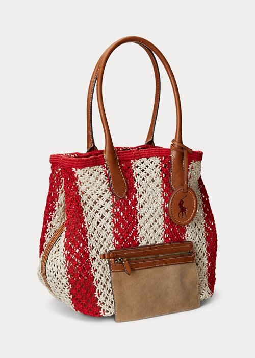 Ruby/Natural Women’s Ralph Lauren Striped Woven Large Bellport Tote Bags Ruby/Natural Women’s Ralph Lauren Striped Woven Large Bellport Tote Bags