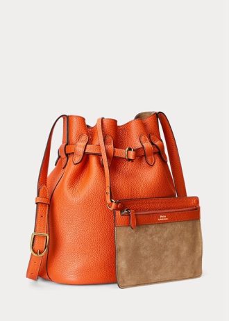 Sunset Orange Women’s Ralph Lauren Leather Medium Bellport Bucket Bags