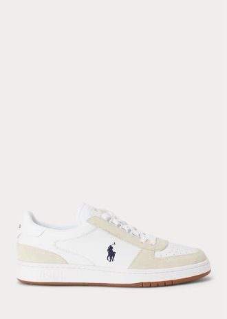 White / Navy Men’s Ralph Lauren Court Leather-Suede Sneakers